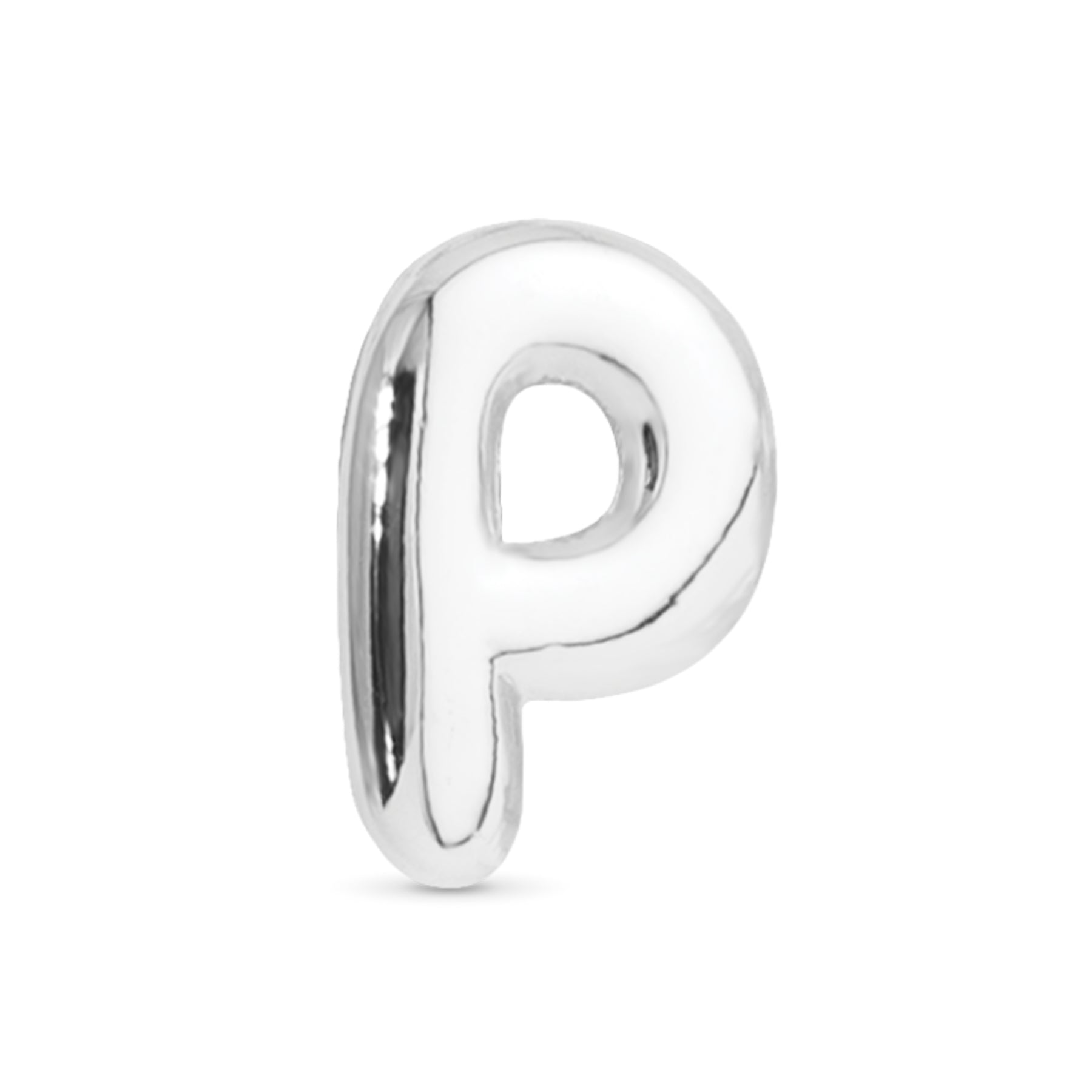 Amanda Blu Silver P Initial Charm with a classic polished finish—perfect for customizing necklaces and bracelets, available at Be Charmed