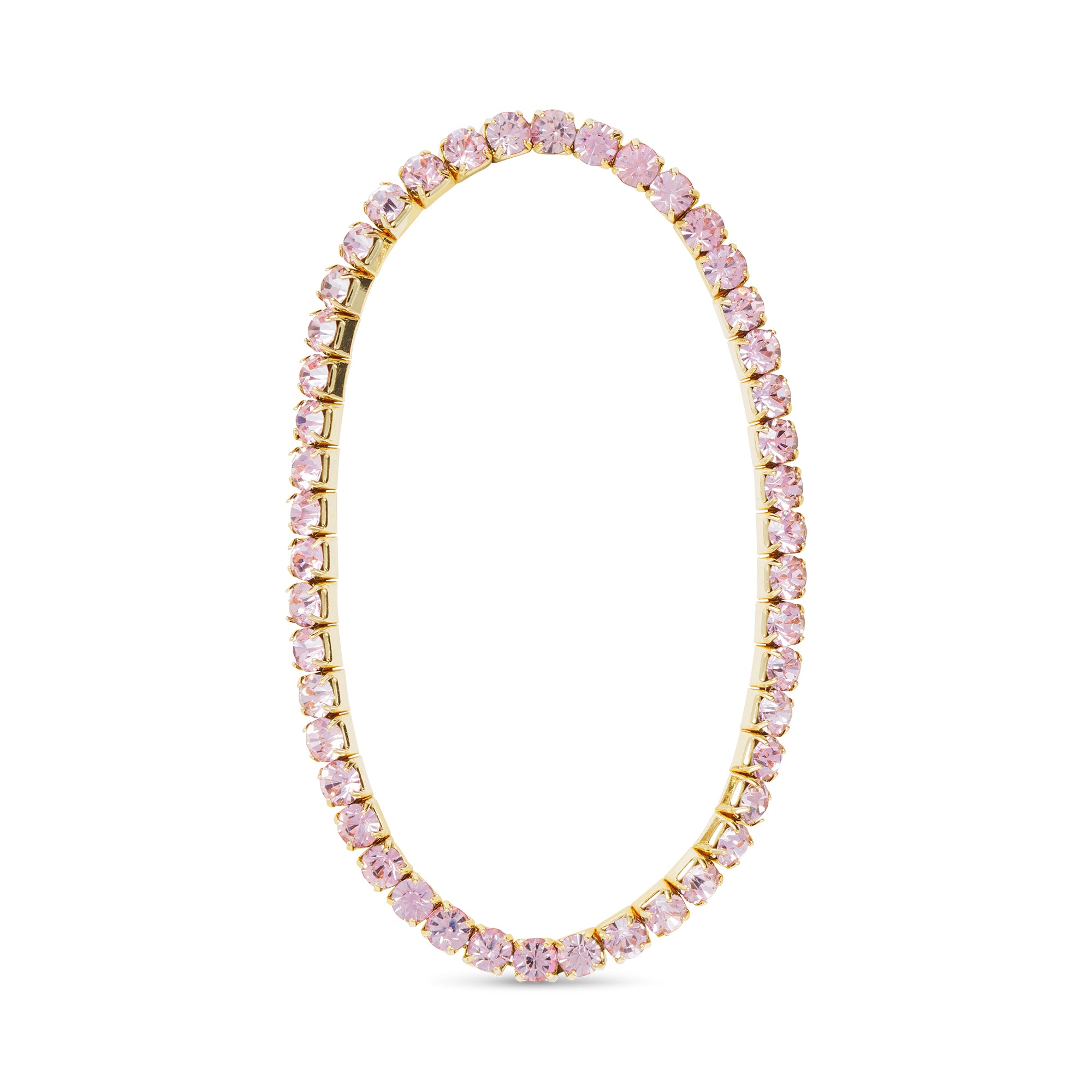 Tennis Bracelet with pink gemstones and gold accents on a white background. Available at Be Charmed