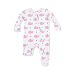 Angel Dear Baby footie with pink whale pattern on a white background. Available at Be Charmed
