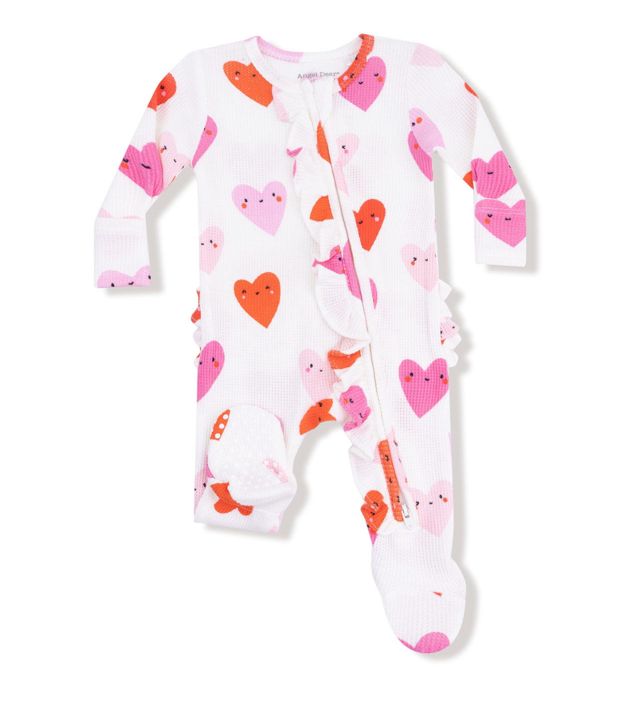 Angel Dear baby onesie with heart pattern on a white background. Available at Be Charmed. 