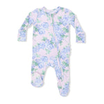 Angel Dear Floral patterned baby footie with a zipper on a white background. Available at Be Charmed.