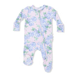 Angel Dear Floral patterned baby footie with a zipper on a white background. Available at Be Charmed.