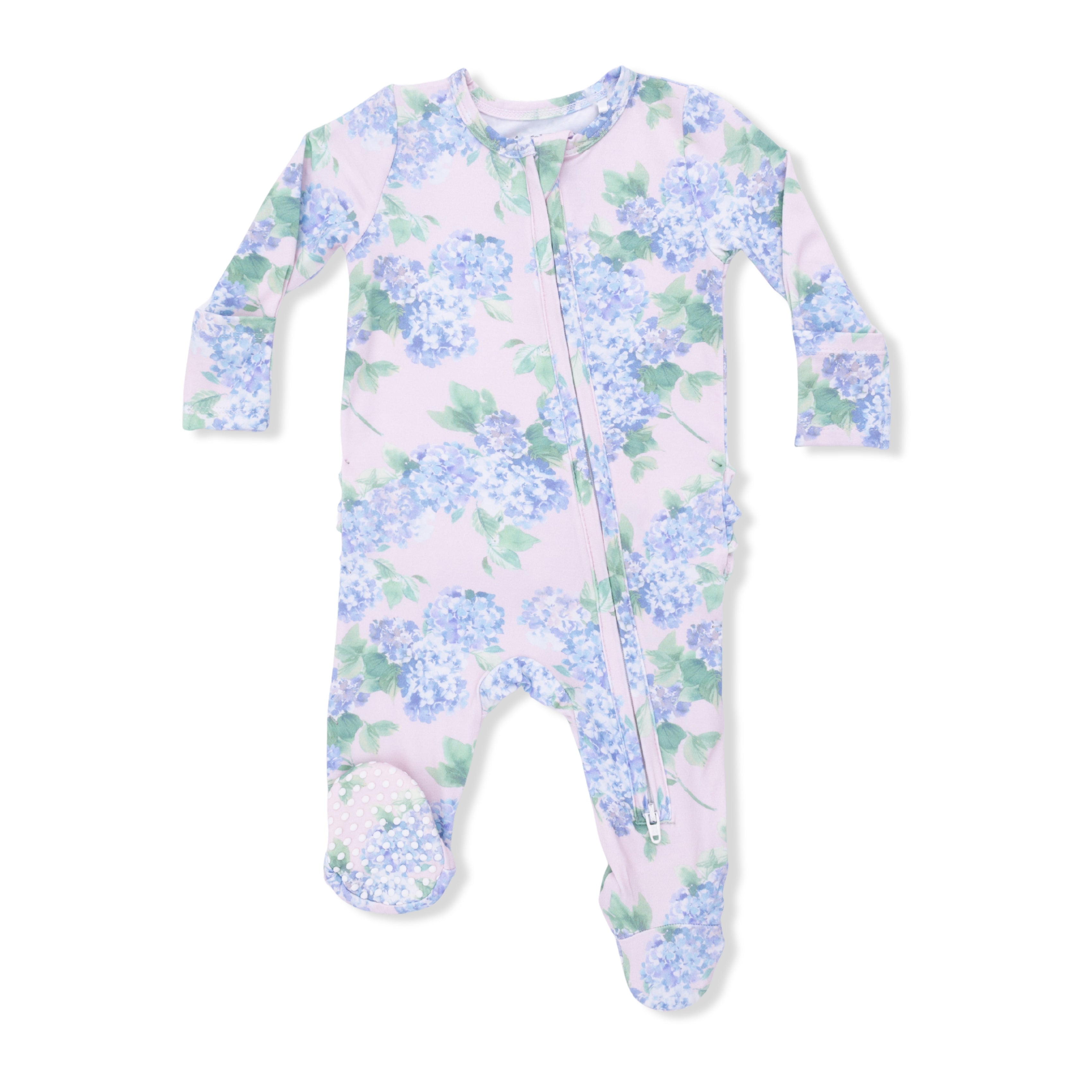Angel Dear Floral patterned baby footie with a zipper on a white background. Available at Be Charmed.