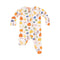 Baby onesie with colorful pumpkin pattern on a white background. Available at Be Charmed