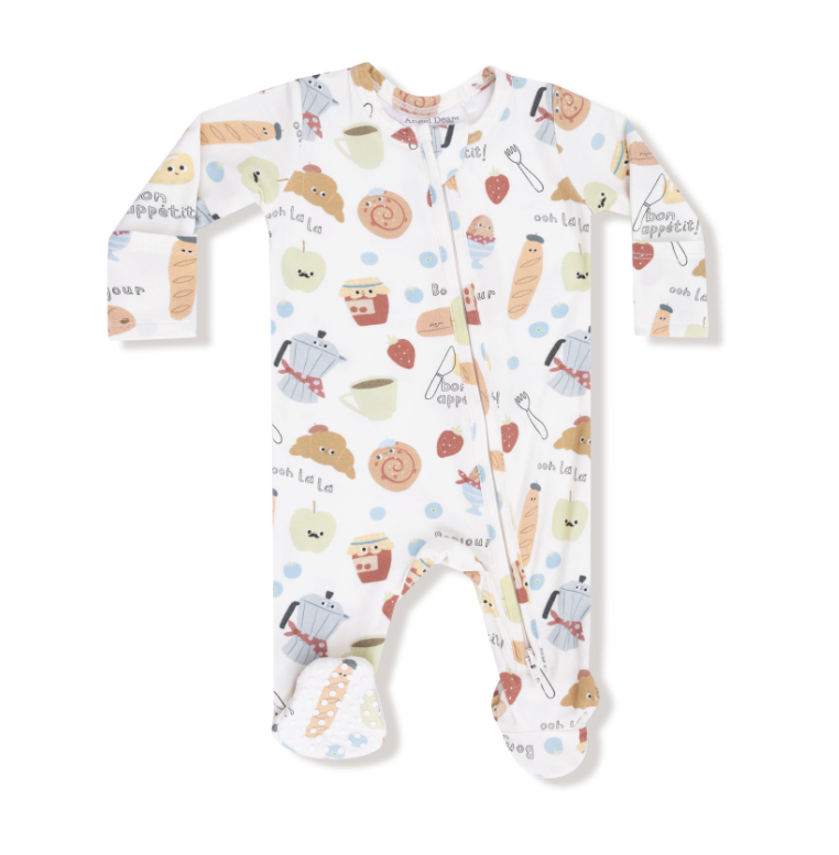 Baby onesie with a bonjour french coffee pattern on a white background. Available at Be Charmed.