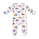 Baby onesie with construction vehicle pattern on a white background. Available at Be Charmed. 