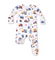 Baby onesie with construction vehicle pattern on a white background. Available at Be Charmed. 