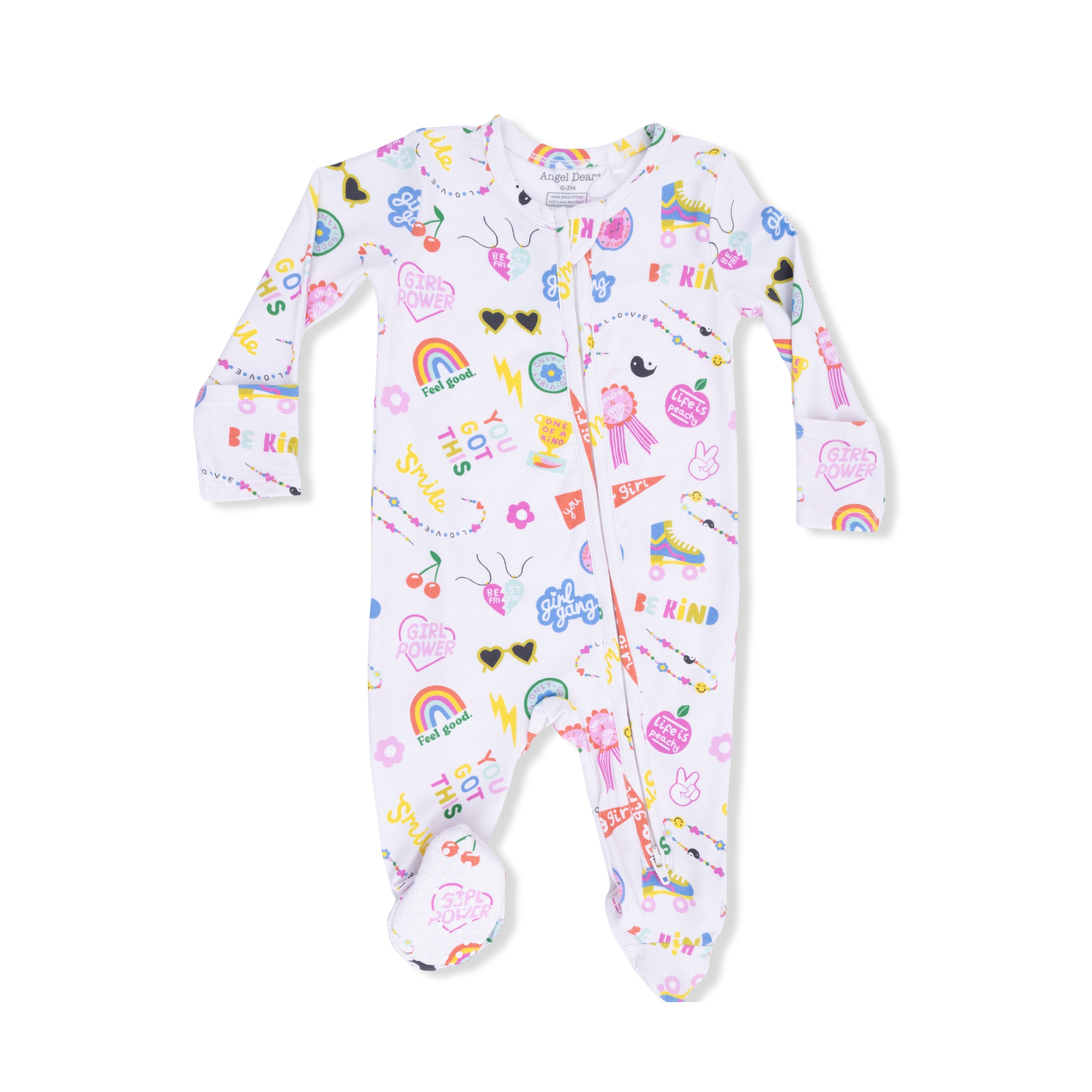 Angel Dear Children's zipper footie with colorful patterns on a white background. Available at Be Charmed