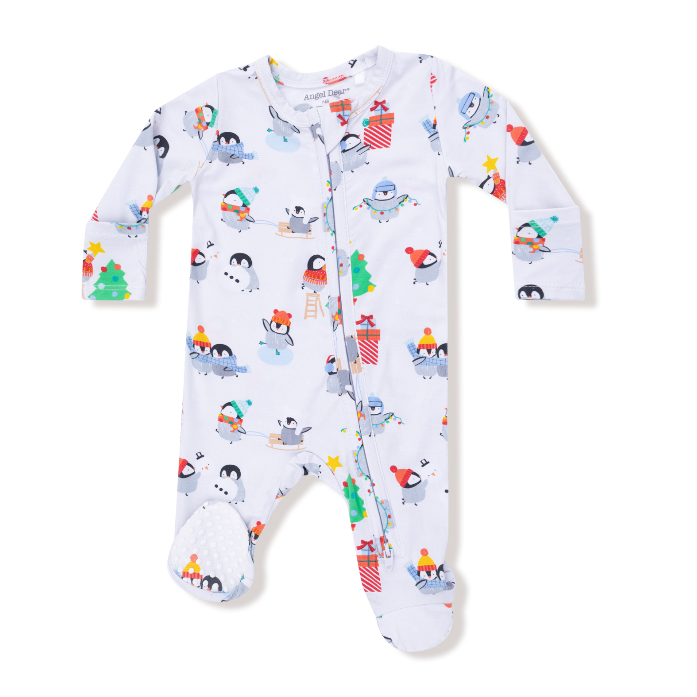 Angel Dear Holiday Penguins 2-Way Zipper Footie for babies—cozy, festive sleepwear with adorable penguin print. Available at Be Charmed.