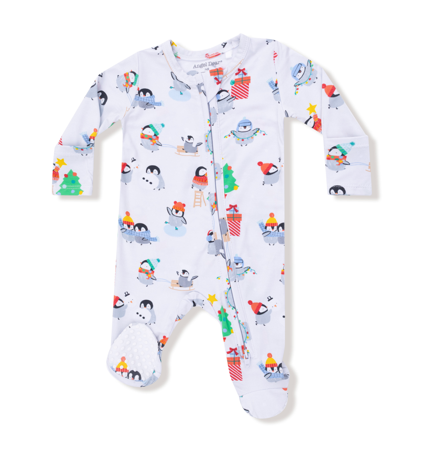 Angel Dear Holiday Penguins 2-Way Zipper Footie for babies—cozy, festive sleepwear with adorable penguin print. Available at Be Charmed.