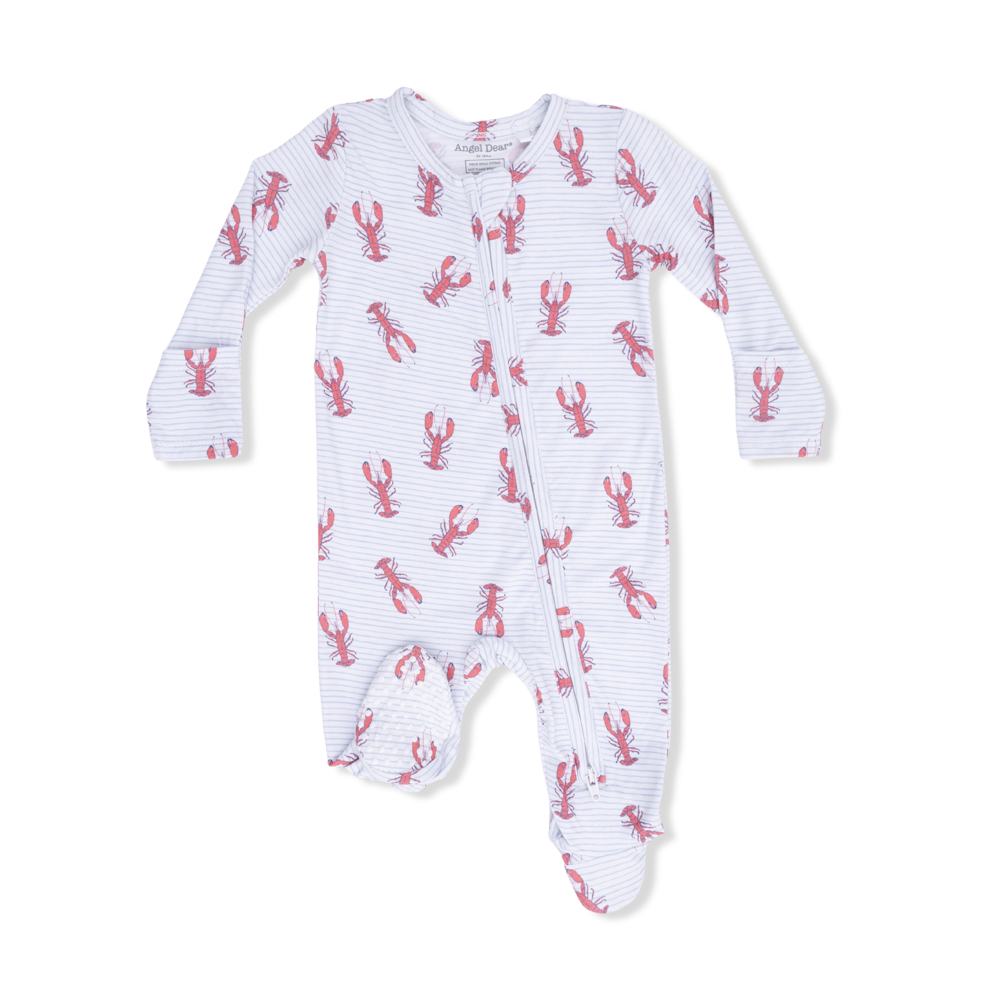 Angel Dear Baby zipper footie with red lobster pattern on a white background. Available at Be Charmed