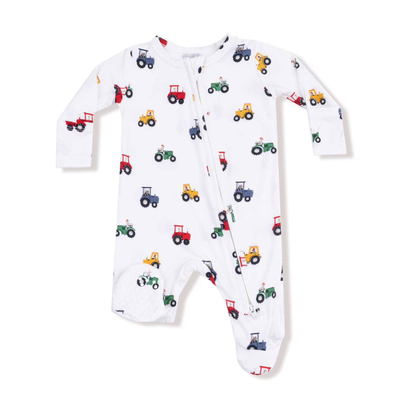 Angel Dear Baby onesie with tractor pattern on a white background. Available at Be Charmed
