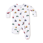 Angel Dear Baby onesie with tractor pattern on a white background. Available at Be Charmed