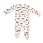 Baby onesie with dog pattern on a white background. Available at Be Charmed.