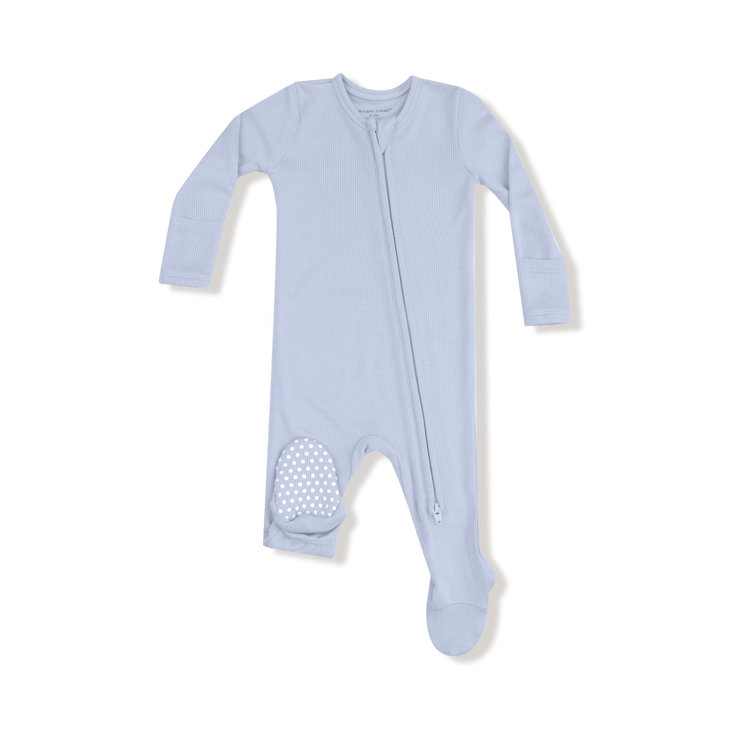 Angel Dear 2 way zipper footie in Solid Niagara Mist featuring soft, breathable fabric, footed design, and easy zip closure for newborn sleep, play, and everyday comfort. Available at Be Charmed