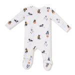 Baby onesie with sport themed dogs including football, hockey and basketball on a white background. Available at Be Charmed. 