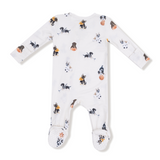 Baby onesie with sport themed dogs including football, hockey and basketball on a white background. Available at Be Charmed. 
