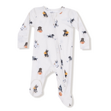 Baby onesie with sport themed dogs including football, hockey and basketball on a white background. Available at Be Charmed. 