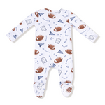 Baby onesie with football pattern on a white background. Available at Be Charmed. 
