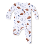 Baby onesie with football pattern on a white background