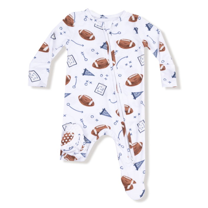 Baby onesie with football pattern on a white background