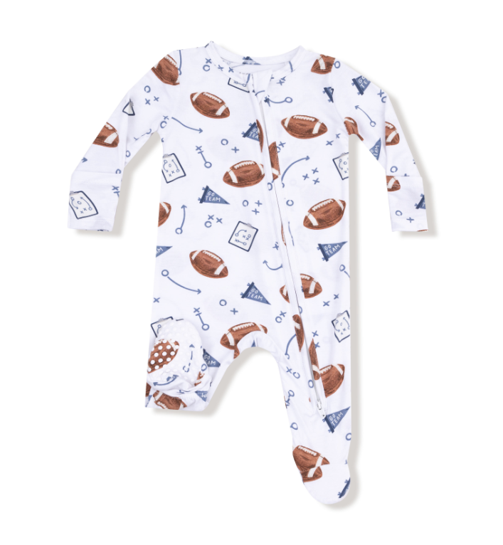 Baby onesie with football pattern on a white background