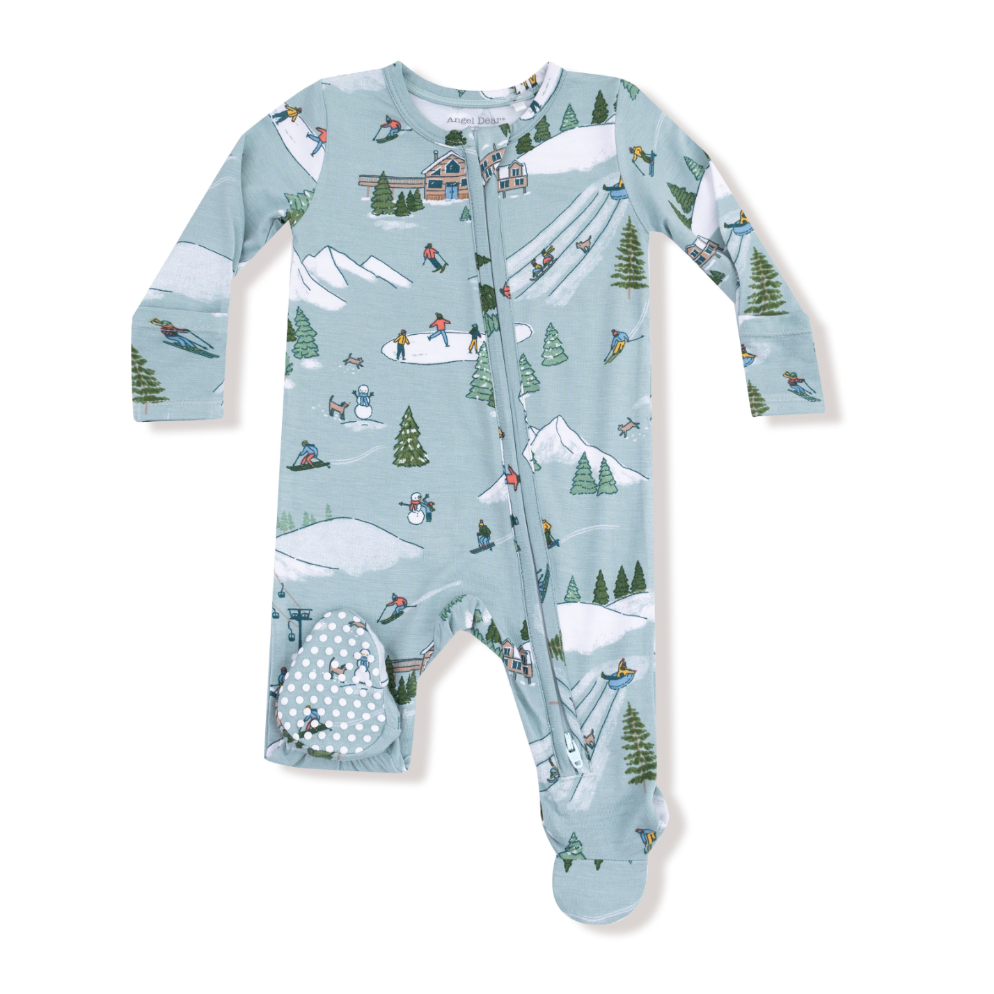 Angel Dear 2 Way Zipper Footie Winter Fun Skiers – cozy baby pajamas with skier print, perfect holiday sleepwear. Available at Be Charmed