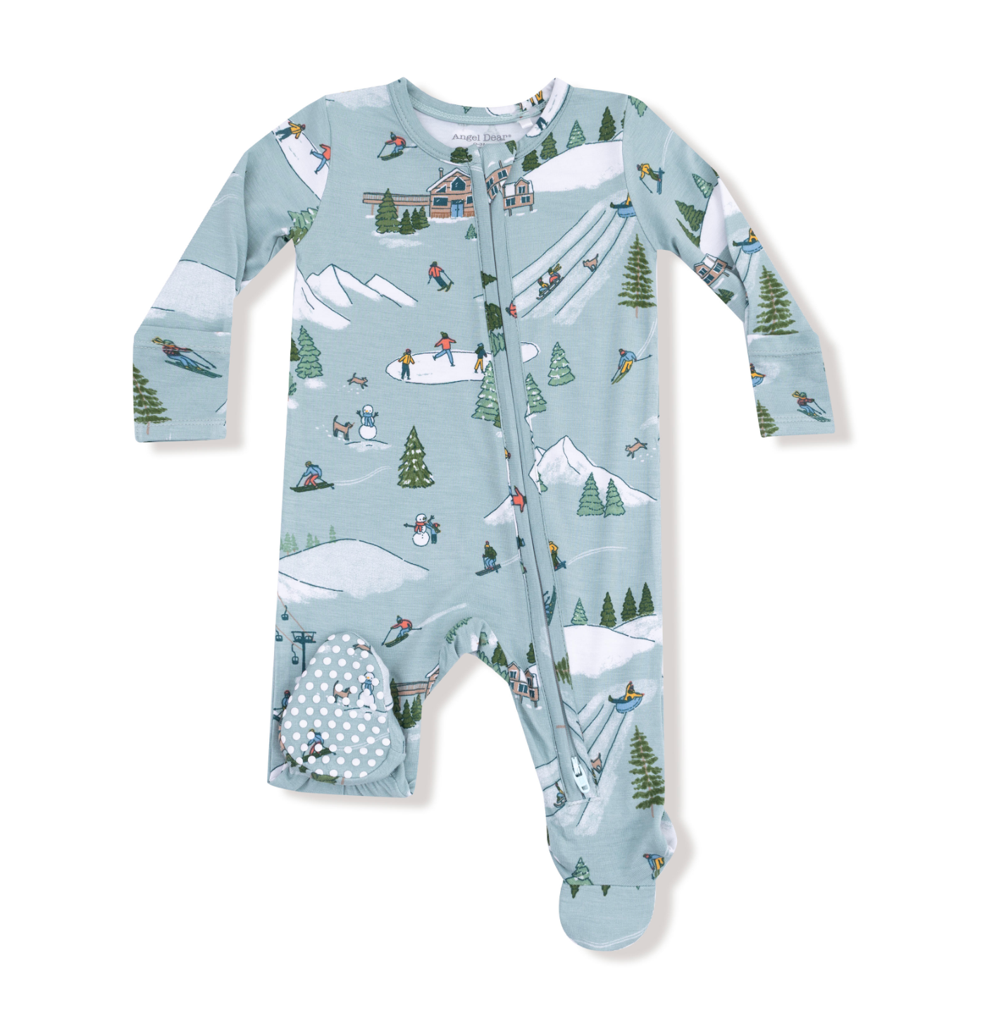 Angel Dear 2 Way Zipper Footie Winter Fun Skiers – cozy baby pajamas with skier print, perfect holiday sleepwear. Available at Be Charmed