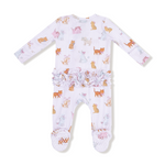 Baby onesie with animal pattern on a white background. Available at Be Charmed. 