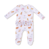 Baby onesie with animal pattern on a white background. Available at Be Charmed. 