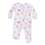 Baby onesie with animal pattern on a white background. Available at Be Charmed. 