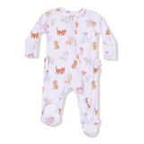 Baby onesie with animal pattern on a white background. Available at Be Charmed. 