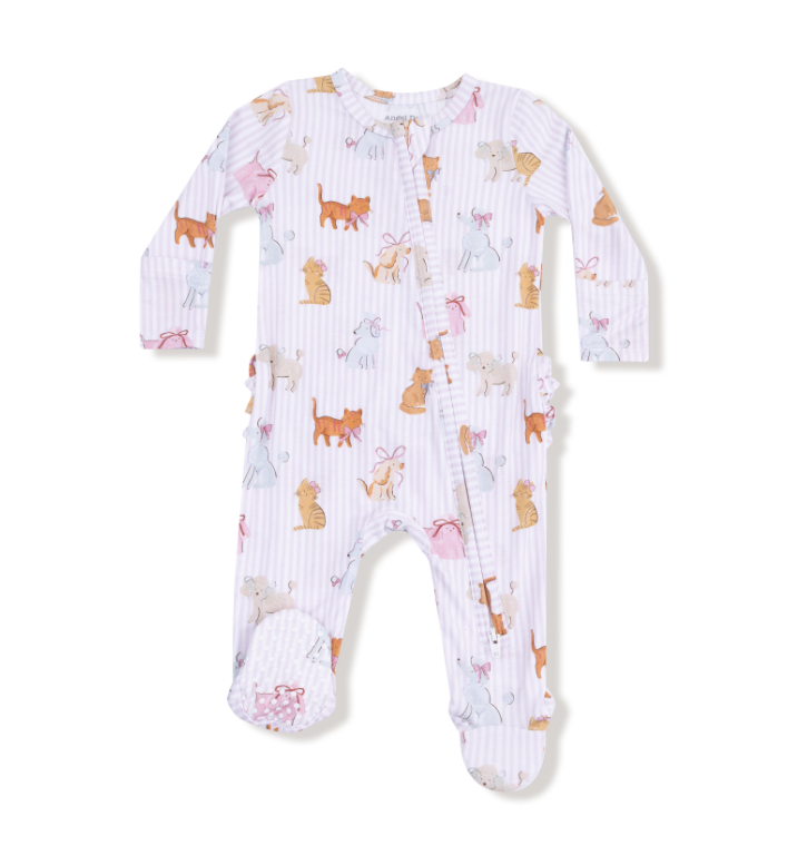 Baby onesie with animal pattern on a white background. Available at Be Charmed. 