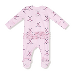 Pink baby onesie with hockey stick pattern on a white background. Available at Be Charmed. 
