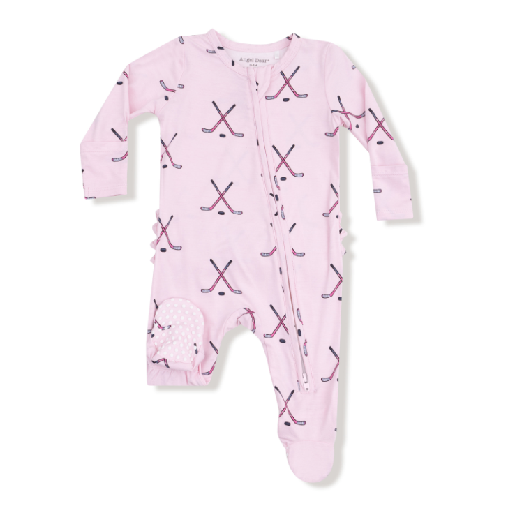 Pink baby onesie with hockey stick pattern on a white background. Available at Be Charmed. 