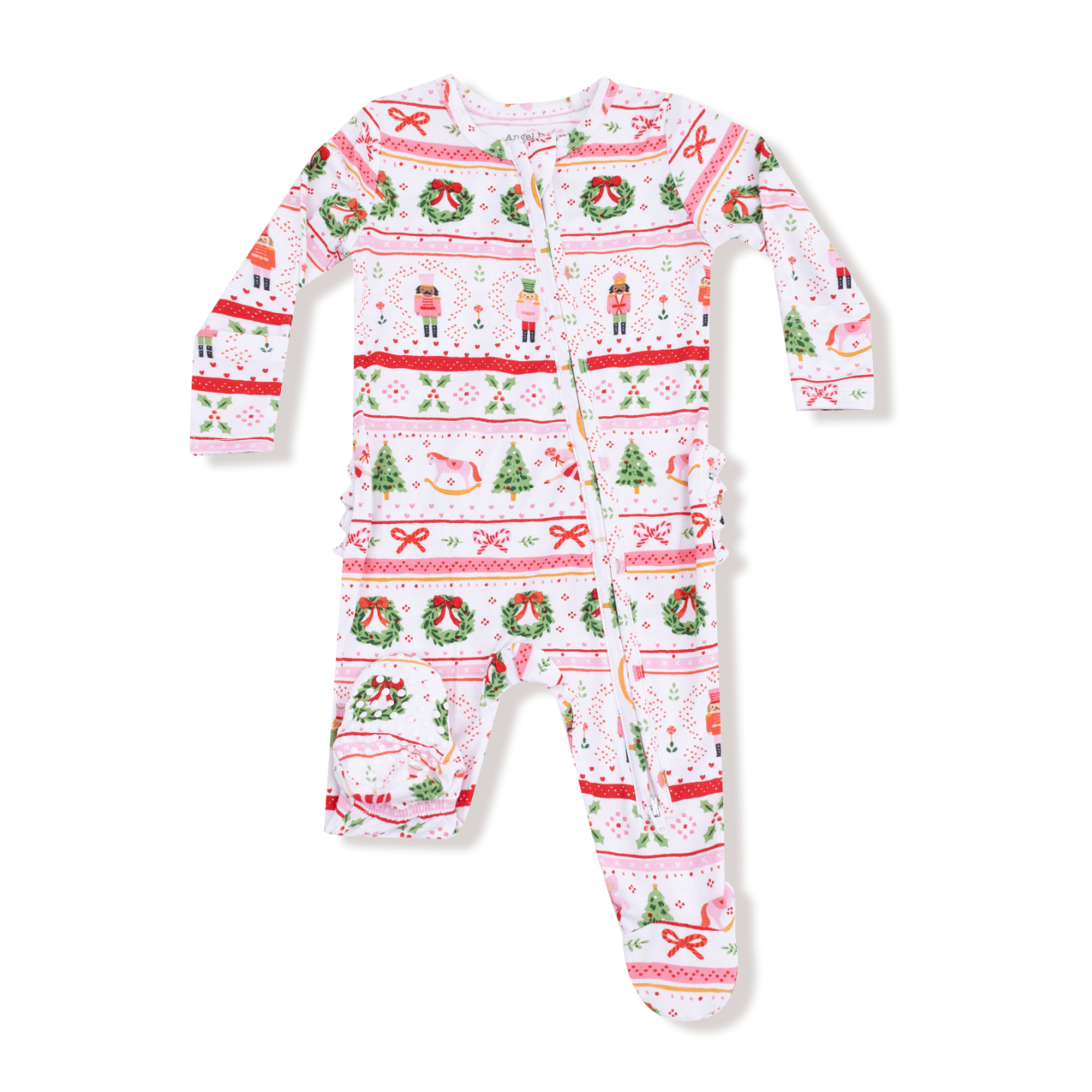 Angel Dear 2 Way Zipper Ruffle Footie Sugar Plum Fairy Pink – cozy baby sleeper with ruffle trim and festive print. Available at Be Charmed