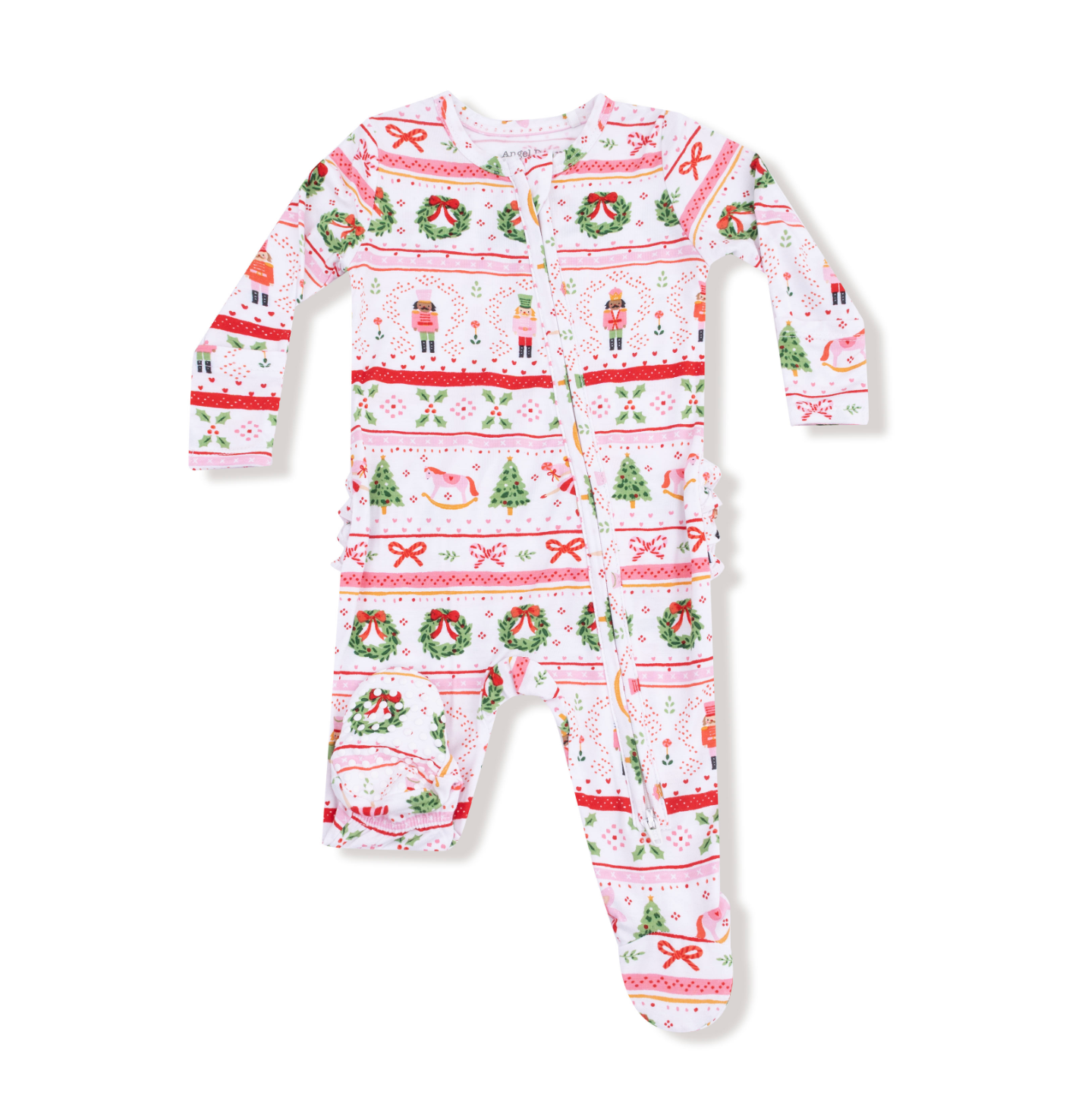 Angel Dear 2 Way Zipper Ruffle Footie Sugar Plum Fairy Pink – cozy baby sleeper with ruffle trim and festive print. Available at Be Charmed