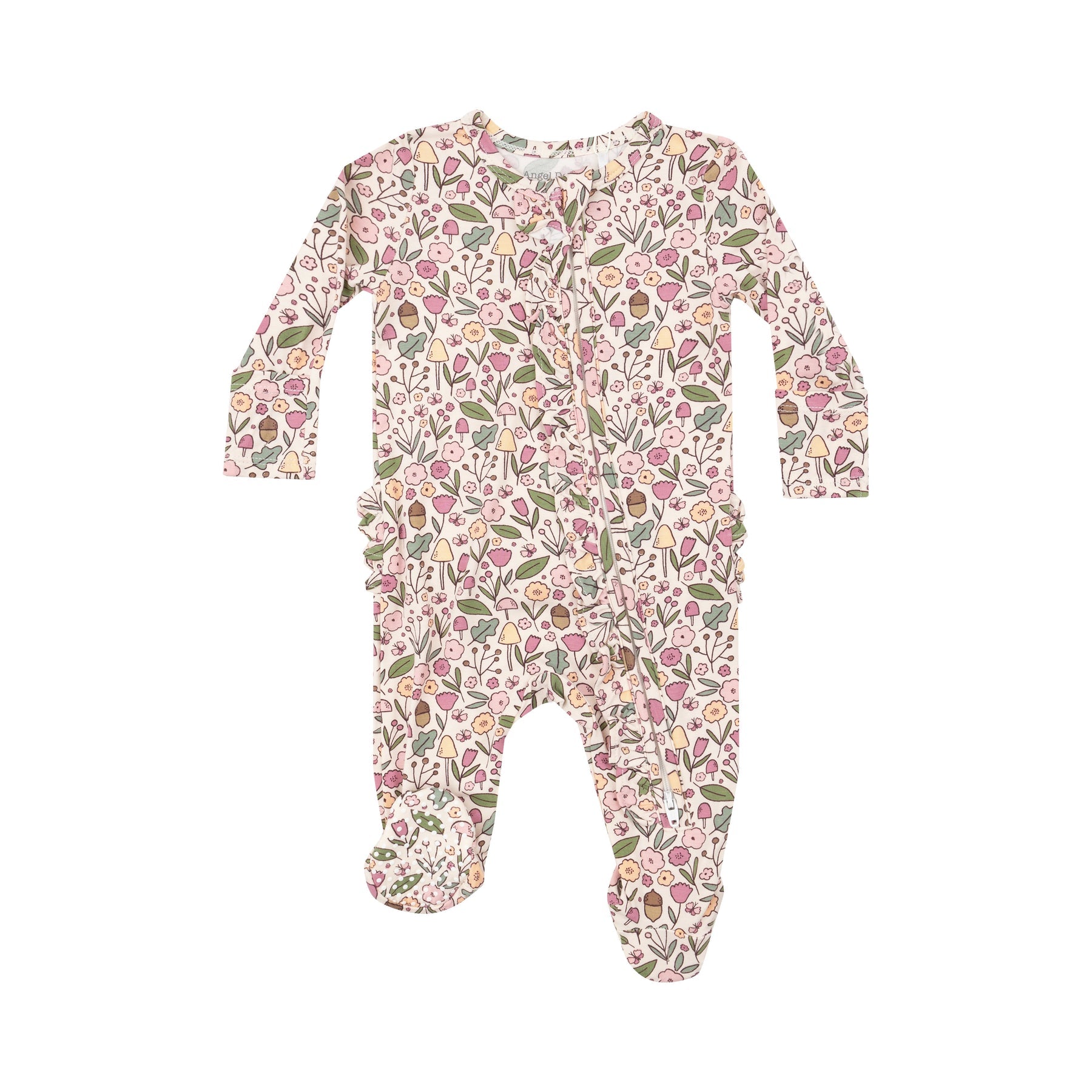 Angel Dear Acorn Floral 2-Way Ruffle Footie for baby girls, featuring a delicate acorn floral pattern and soft materials, available at Be Charmed.