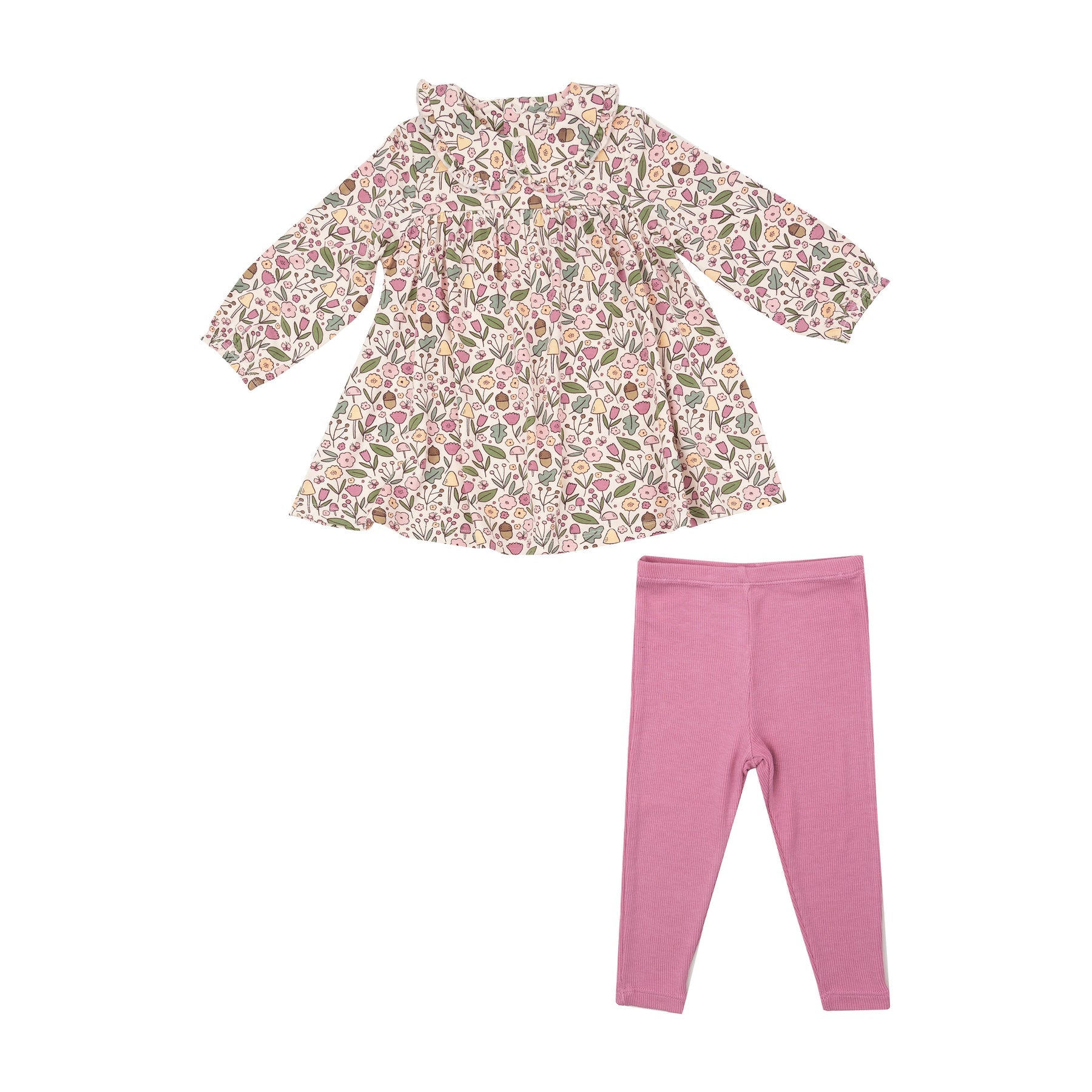 Angel Dear Acorn Floral Ruffle Dress and Leggings set for baby girls, featuring a delicate floral pattern and soft materials, available at Be Charmed.