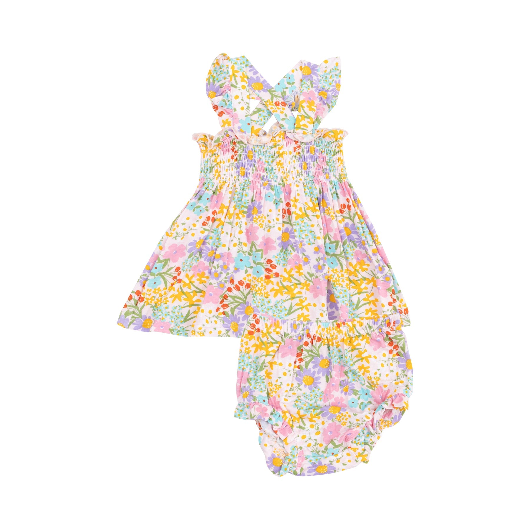 Angel Dear Amelia Floral Ruffle Strap Smocked Set with floral print and ruffles, available at Be Charmed.