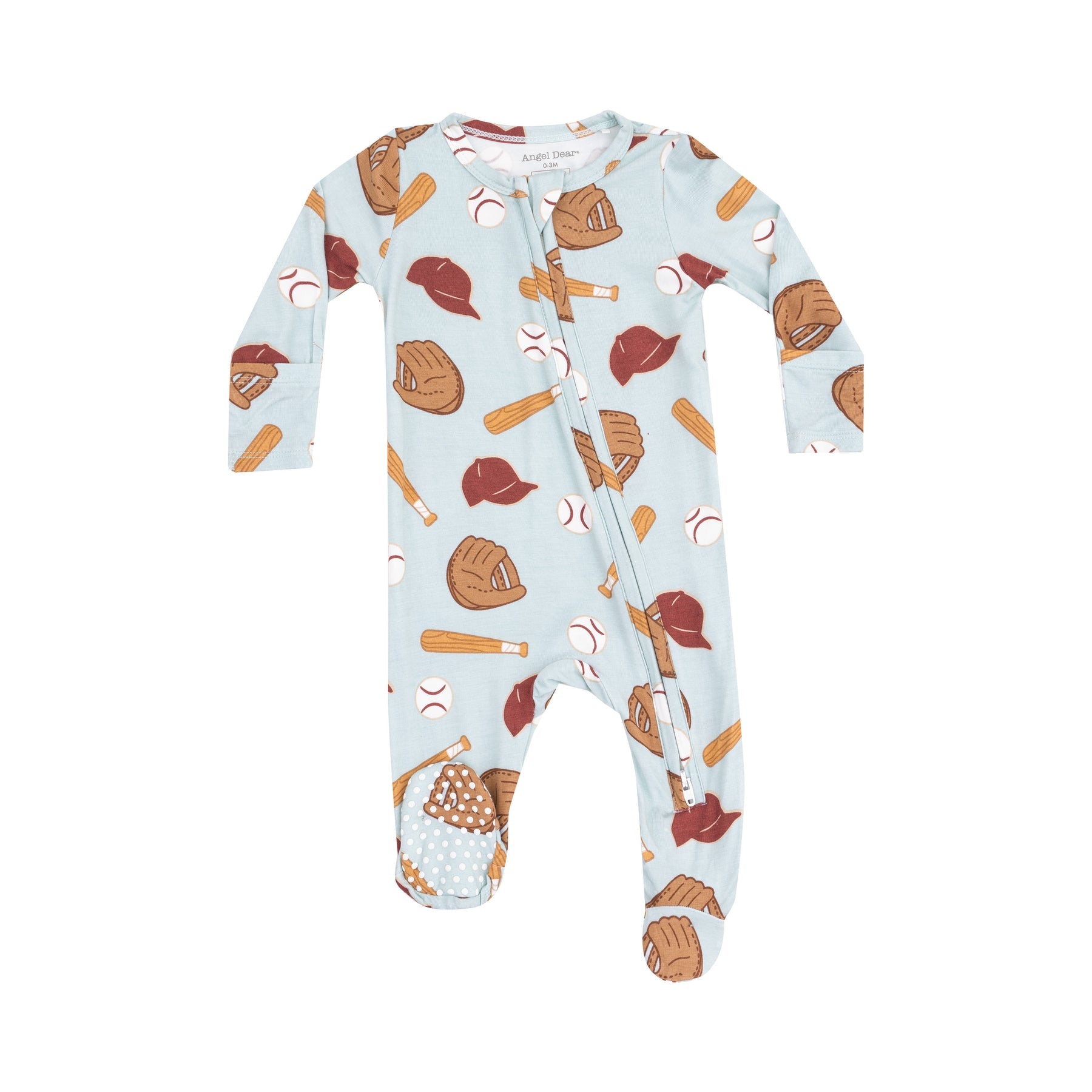 Angel Dear Baseball 2-Way Zipper Footie with soft fabric and sporty baseball print, available at Be Charmed.
