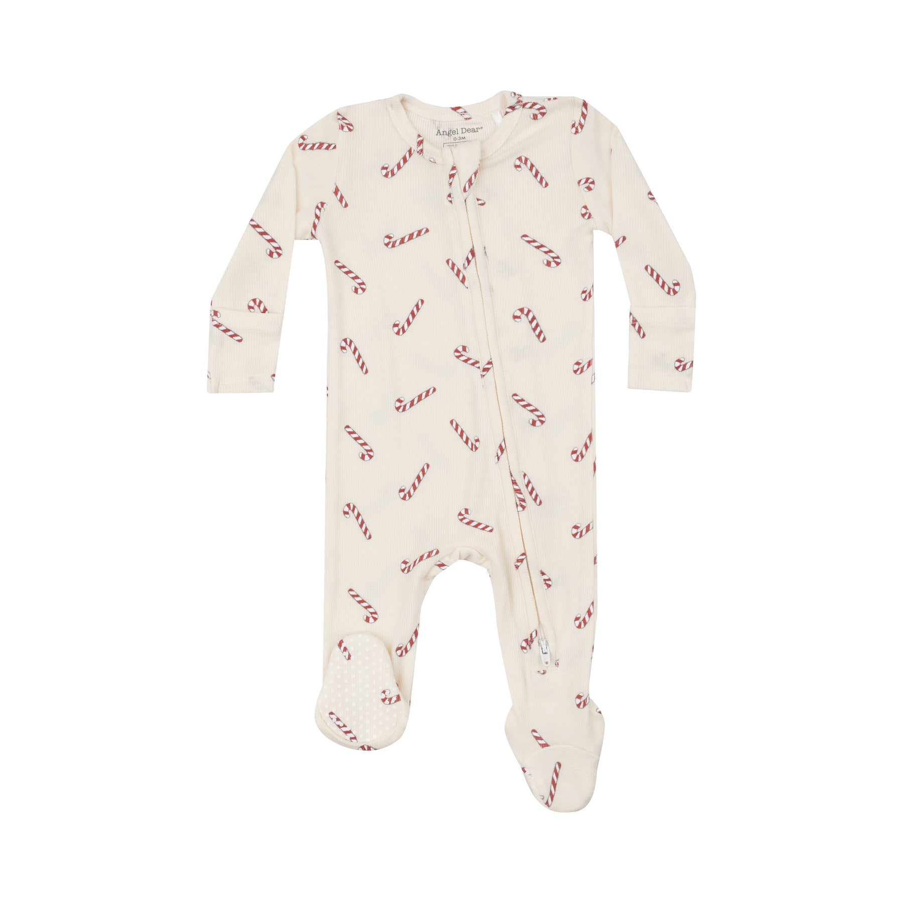 Angel Dear Candy Canes 2-Way Zipper Footie for baby girls, featuring a festive candy cane print and soft materials, available at Be Charmed.
