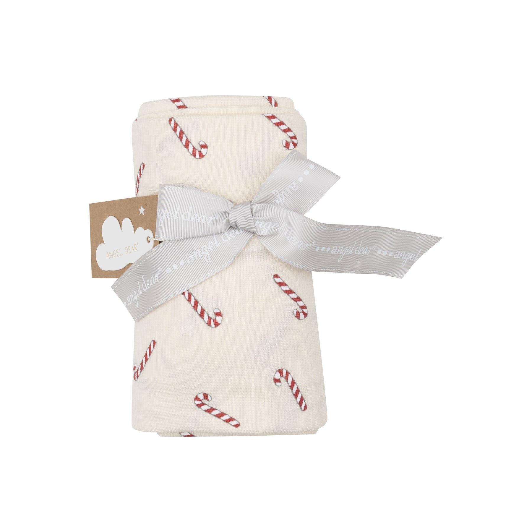 Angel Dear Candy Canes Rib Swaddle Blanket for babies, featuring a festive candy cane print and soft materials, available at Be Charmed.