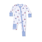 Baby romper with sailboat pattern on a white background. Available at Be Charmed