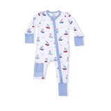 Baby romper with sailboat pattern on a white background. Available at Be Charmed