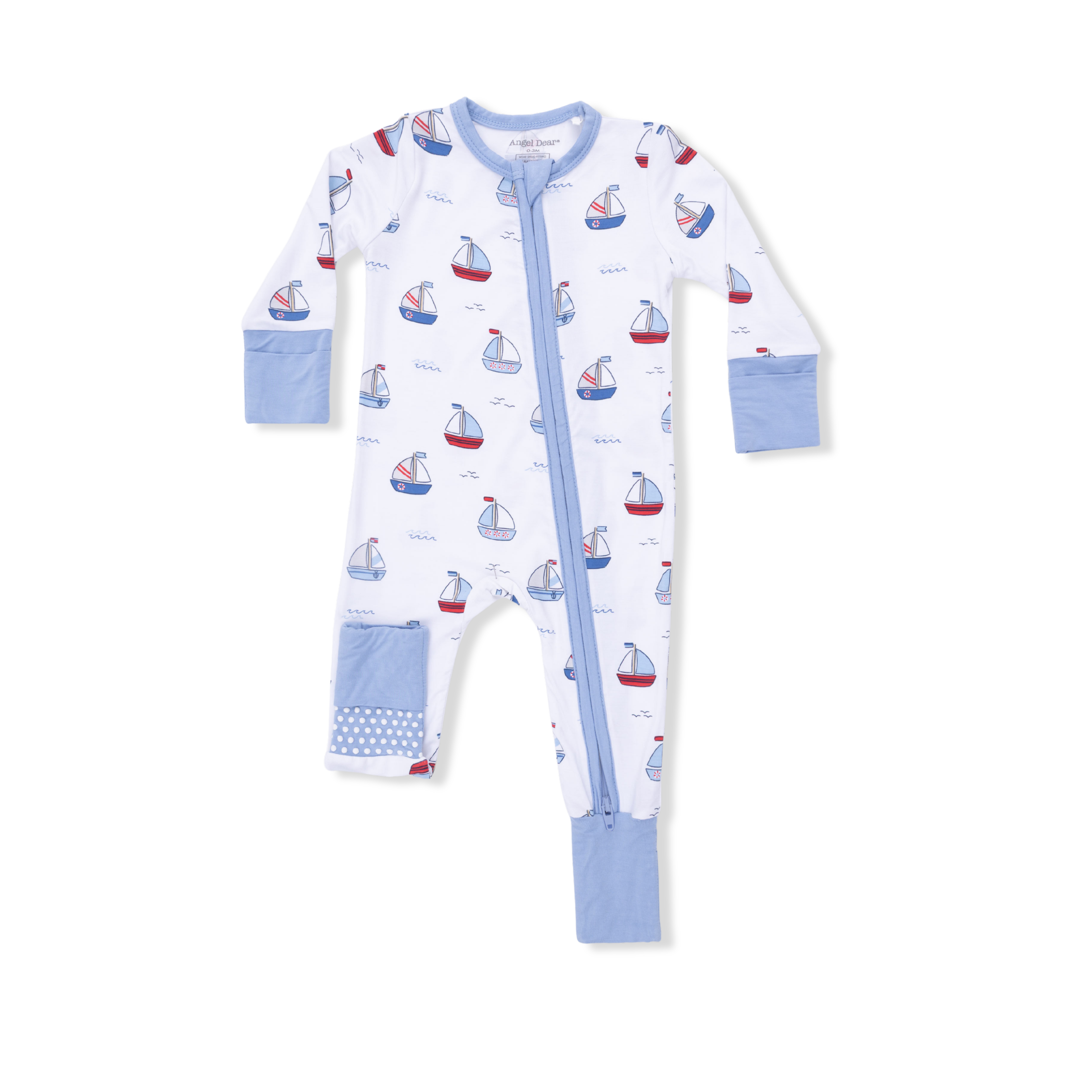 Baby romper with sailboat pattern on a white background. Available at Be Charmed