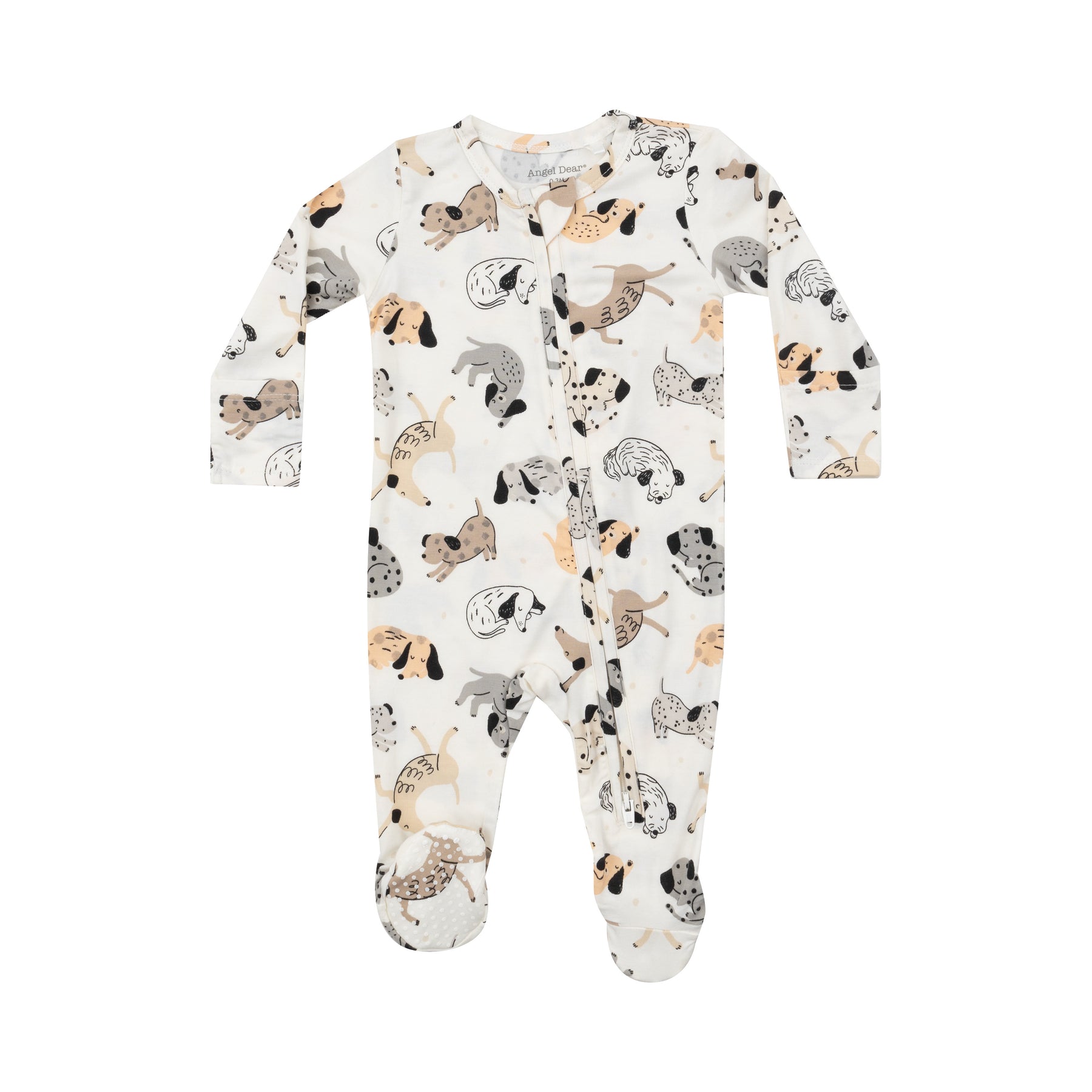 Angel Dear Cozy Pups 2-Way Zipper Footie with soft fabric and playful puppy print, available at Be Charmed.