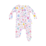 Angel Dear Easter Bunnies 2-Way Ruffle Zipper Footie with soft fabric, bunny print, and ruffle detail, available at Be Charmed.