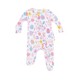 Angel Dear Easter Bunnies 2-Way Ruffle Zipper Footie with soft fabric, bunny print, and ruffle detail, available at Be Charmed.