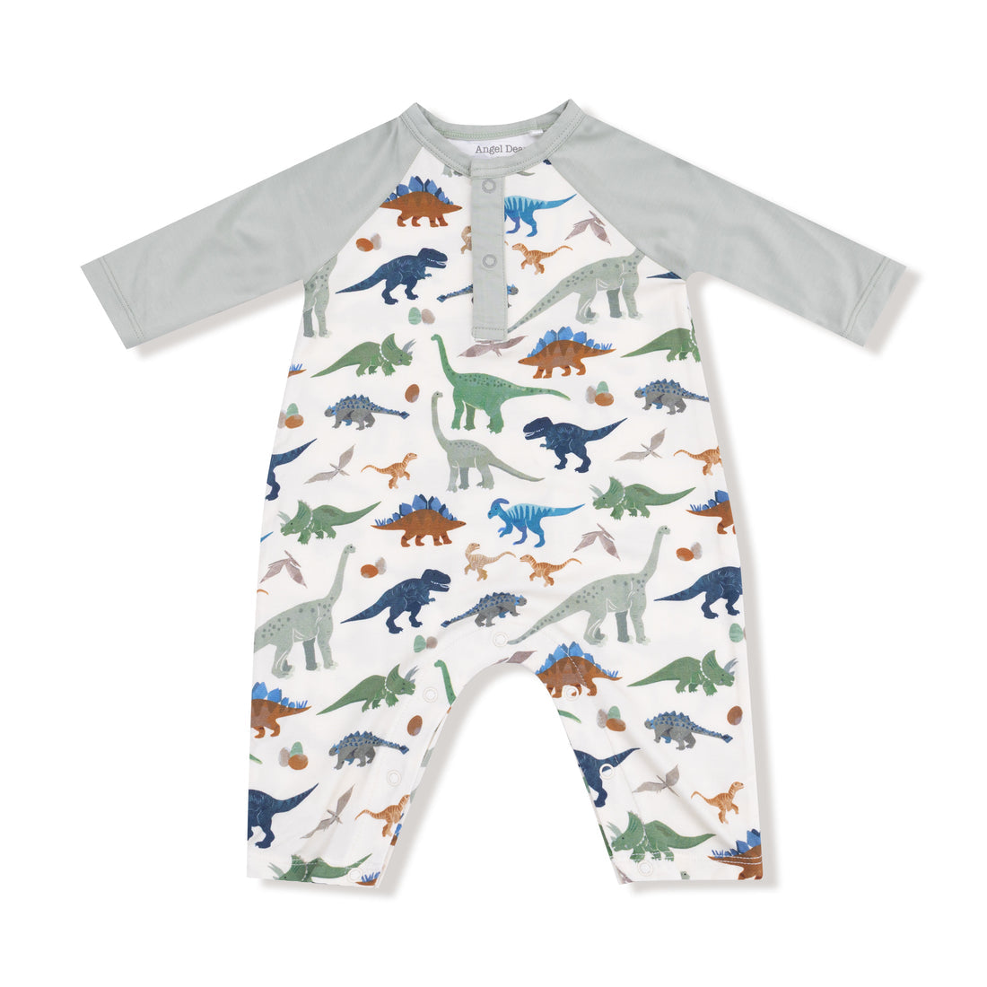 Angel Dear Children's romper with dinosaur pattern and gray sleeves on a white background. Available at Be Charmed